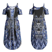 Aotearoa Ngati Kahungunu Couples Matching Summer Maxi Dress and Long Sleeve Button Shirt Maori Tribal Blue Paua Shell Pattern