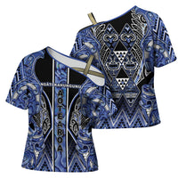 Aotearoa Ngati Kahungunu Cross Shoulder Shirt Maori Tribal Blue Paua Shell Pattern