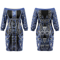 Aotearoa Ngati Kahungunu Family Matching Off The Shoulder Long Sleeve Dress and Hawaiian Shirt Maori Tribal Blue Paua Shell Pattern