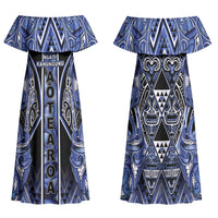 Aotearoa Ngati Kahungunu Family Matching Off Shoulder Maxi Dress and Hawaiian Shirt Maori Tribal Blue Paua Shell Pattern