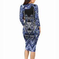 Aotearoa Ngati Kahungunu Long Sleeve Bodycon Dress Maori Tribal Blue Paua Shell Pattern