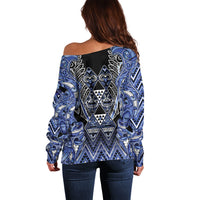 Aotearoa Ngati Kahungunu Off Shoulder Sweater Maori Tribal Blue Paua Shell Pattern