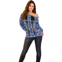 Aotearoa Ngati Kahungunu Off Shoulder Sweater Maori Tribal Blue Paua Shell Pattern