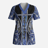 Aotearoa Ngati Kahungunu Scrub Top Maori Tribal Blue Paua Shell Pattern