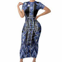 Aotearoa Ngati Kahungunu Short Sleeve Bodycon Dress Maori Tribal Blue Paua Shell Pattern