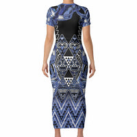 Aotearoa Ngati Kahungunu Short Sleeve Bodycon Dress Maori Tribal Blue Paua Shell Pattern