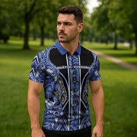 Aotearoa Ngati Kahungunu Zipper Polo Shirt Maori Tribal Blue Paua Shell Pattern