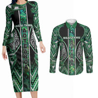 Aotearoa Ngai Tahu Couples Matching Long Sleeve Bodycon Dress and Long Sleeve Button Shirt Maori Tribal Dark Green Paua Shell Pattern