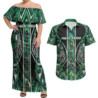 Aotearoa Ngai Tahu Couples Matching Off Shoulder Maxi Dress and Hawaiian Shirt Maori Tribal Dark Green Paua Shell Pattern