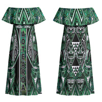 Aotearoa Ngai Tahu Couples Matching Off Shoulder Maxi Dress and Hawaiian Shirt Maori Tribal Dark Green Paua Shell Pattern