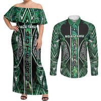 Aotearoa Ngai Tahu Couples Matching Off Shoulder Maxi Dress and Long Sleeve Button Shirt Maori Tribal Dark Green Paua Shell Pattern