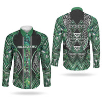 Aotearoa Ngai Tahu Couples Matching Off Shoulder Maxi Dress and Long Sleeve Button Shirt Maori Tribal Dark Green Paua Shell Pattern