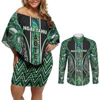 Aotearoa Ngai Tahu Couples Matching Off Shoulder Short Dress and Long Sleeve Button Shirt Maori Tribal Dark Green Paua Shell Pattern