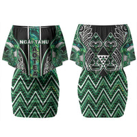 Aotearoa Ngai Tahu Couples Matching Off Shoulder Short Dress and Long Sleeve Button Shirt Maori Tribal Dark Green Paua Shell Pattern