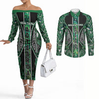 Aotearoa Ngai Tahu Couples Matching Off The Shoulder Long Sleeve Dress and Long Sleeve Button Shirt Maori Tribal Dark Green Paua Shell Pattern