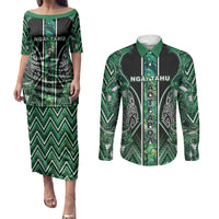 Aotearoa Ngai Tahu Couples Matching Puletasi and Long Sleeve Button Shirt Maori Tribal Dark Green Paua Shell Pattern