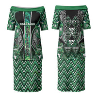 Aotearoa Ngai Tahu Couples Matching Puletasi and Long Sleeve Button Shirt Maori Tribal Dark Green Paua Shell Pattern