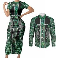 Aotearoa Ngai Tahu Couples Matching Short Sleeve Bodycon Dress and Long Sleeve Button Shirt Maori Tribal Dark Green Paua Shell Pattern