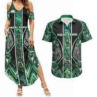 Aotearoa Ngai Tahu Couples Matching Summer Maxi Dress and Hawaiian Shirt Maori Tribal Dark Green Paua Shell Pattern