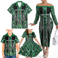 Aotearoa Ngai Tahu Family Matching Off The Shoulder Long Sleeve Dress and Hawaiian Shirt Maori Tribal Dark Green Paua Shell Pattern