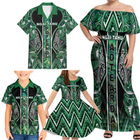 Aotearoa Ngai Tahu Family Matching Off Shoulder Maxi Dress and Hawaiian Shirt Maori Tribal Dark Green Paua Shell Pattern
