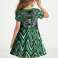 Aotearoa Ngai Tahu Kid Short Sleeve Dress Maori Tribal Dark Green Paua Shell Pattern