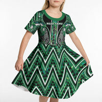 Aotearoa Ngai Tahu Kid Short Sleeve Dress Maori Tribal Dark Green Paua Shell Pattern