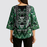 Aotearoa Ngai Tahu Kimono Sleeve Blouse Maori Tribal Dark Green Paua Shell Pattern