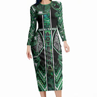 Aotearoa Ngai Tahu Long Sleeve Bodycon Dress Maori Tribal Dark Green Paua Shell Pattern