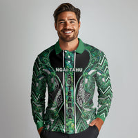Aotearoa Ngai Tahu Long Sleeve Polo Shirt Maori Tribal Dark Green Paua Shell Pattern