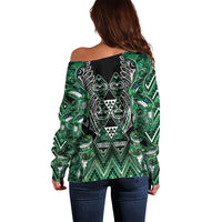Aotearoa Ngai Tahu Off Shoulder Sweater Maori Tribal Dark Green Paua Shell Pattern