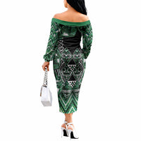 Aotearoa Ngai Tahu Off The Shoulder Long Sleeve Dress Maori Tribal Dark Green Paua Shell Pattern