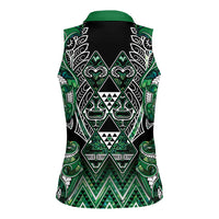 Aotearoa Ngai Tahu Women Sleeveless Polo Shirt Maori Tribal Dark Green Paua Shell Pattern