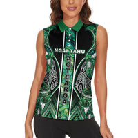 Aotearoa Ngai Tahu Women Sleeveless Polo Shirt Maori Tribal Dark Green Paua Shell Pattern