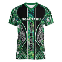 Aotearoa Ngai Tahu Women V-Neck T-Shirt Maori Tribal Dark Green Paua Shell Pattern