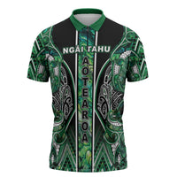 Aotearoa Ngai Tahu Zipper Polo Shirt Maori Tribal Dark Green Paua Shell Pattern