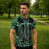 Aotearoa Ngai Tahu Zipper Polo Shirt Maori Tribal Dark Green Paua Shell Pattern