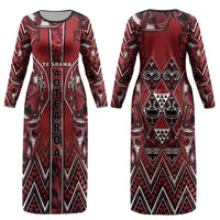 Aotearoa Te Arawa Couples Matching Long Sleeve Bodycon Dress and Long Sleeve Button Shirt Maori Tribal Dark Red Paua Shell Pattern