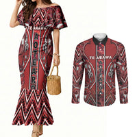 Aotearoa Te Arawa Couples Matching Mermaid Dress and Long Sleeve Button Shirt Maori Tribal Dark Red Paua Shell Pattern