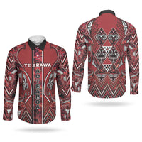 Aotearoa Te Arawa Couples Matching Off Shoulder Maxi Dress and Long Sleeve Button Shirt Maori Tribal Dark Red Paua Shell Pattern