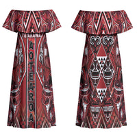 Aotearoa Te Arawa Couples Matching Off Shoulder Maxi Dress and Long Sleeve Button Shirt Maori Tribal Dark Red Paua Shell Pattern