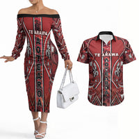 Aotearoa Te Arawa Couples Matching Off The Shoulder Long Sleeve Dress and Hawaiian Shirt Maori Tribal Dark Red Paua Shell Pattern