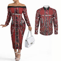 Aotearoa Te Arawa Couples Matching Off The Shoulder Long Sleeve Dress and Long Sleeve Button Shirt Maori Tribal Dark Red Paua Shell Pattern
