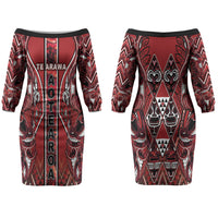 Aotearoa Te Arawa Couples Matching Off The Shoulder Long Sleeve Dress and Long Sleeve Button Shirt Maori Tribal Dark Red Paua Shell Pattern