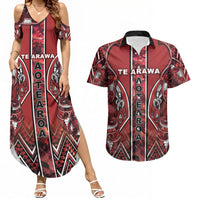 Aotearoa Te Arawa Couples Matching Summer Maxi Dress and Hawaiian Shirt Maori Tribal Dark Red Paua Shell Pattern