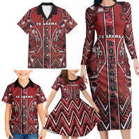 Aotearoa Te Arawa Family Matching Long Sleeve Bodycon Dress and Hawaiian Shirt Maori Tribal Dark Red Paua Shell Pattern
