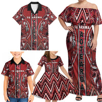 Aotearoa Te Arawa Family Matching Off Shoulder Maxi Dress and Hawaiian Shirt Maori Tribal Dark Red Paua Shell Pattern