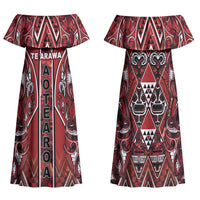 Aotearoa Te Arawa Family Matching Off Shoulder Maxi Dress and Hawaiian Shirt Maori Tribal Dark Red Paua Shell Pattern