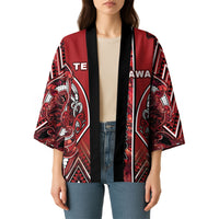 Aotearoa Te Arawa Kimono Maori Tribal Dark Red Paua Shell Pattern