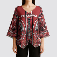 Aotearoa Te Arawa Kimono Sleeve Blouse Maori Tribal Dark Red Paua Shell Pattern